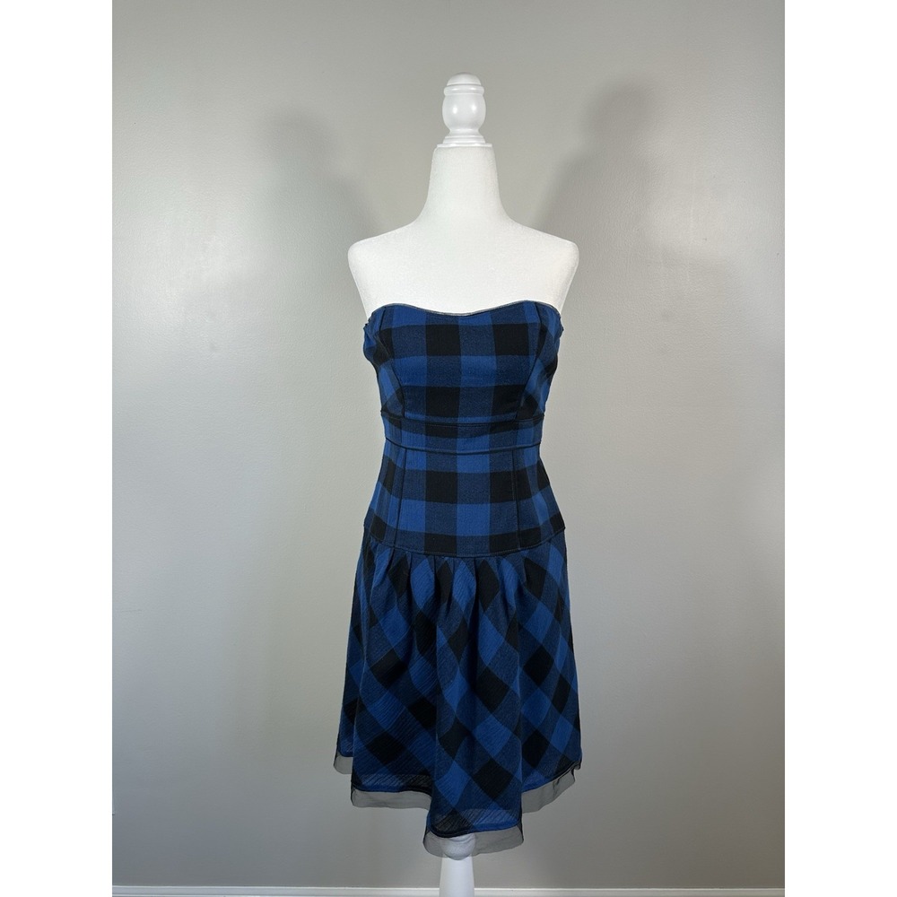 American Eagle Dress Womens 4 Blue Black Plaid Strapless Drop Waist Grunge Y2K